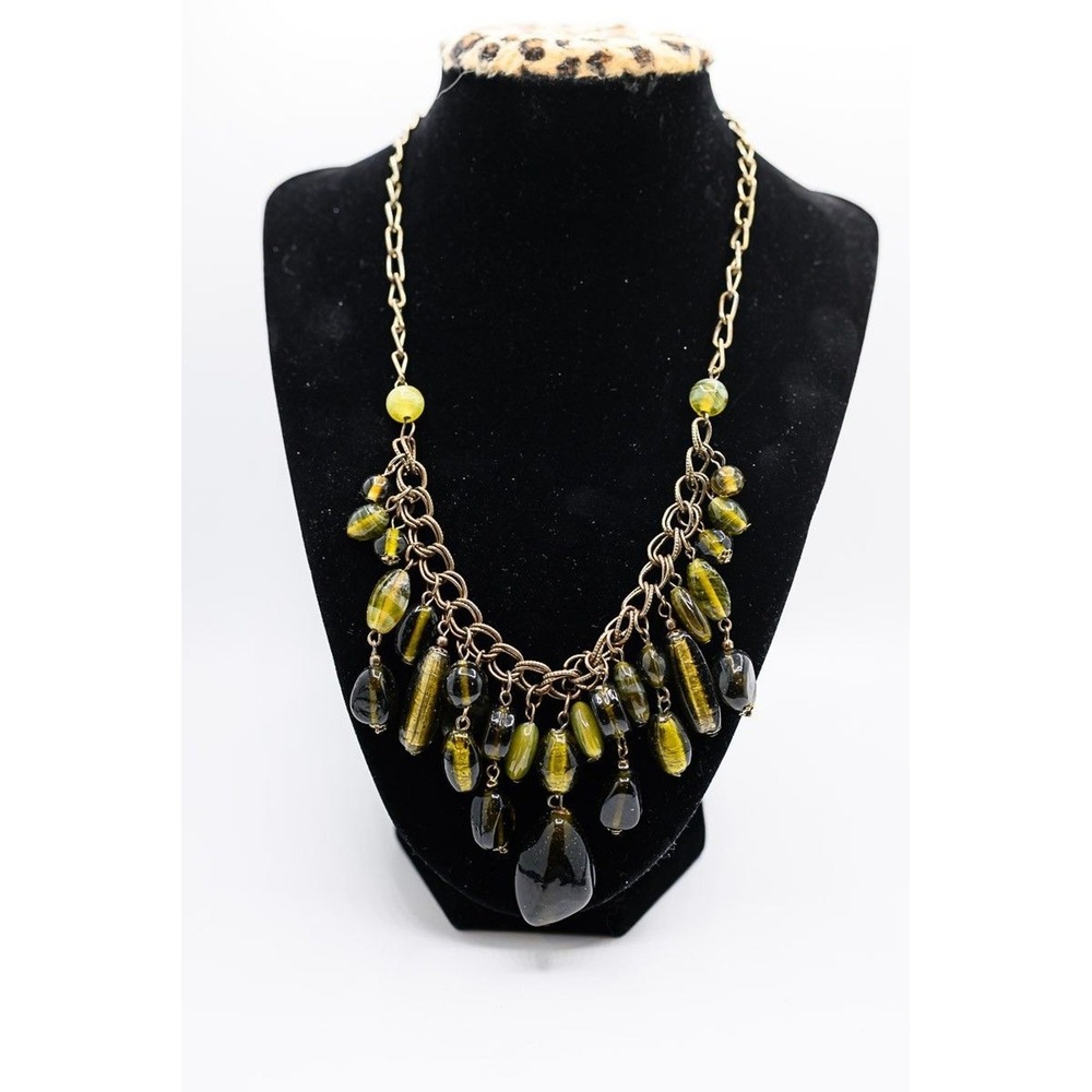 Bronze Tone Chain Dangle Green Glass Bead Statement Bib Necklace Chunky 19-22"